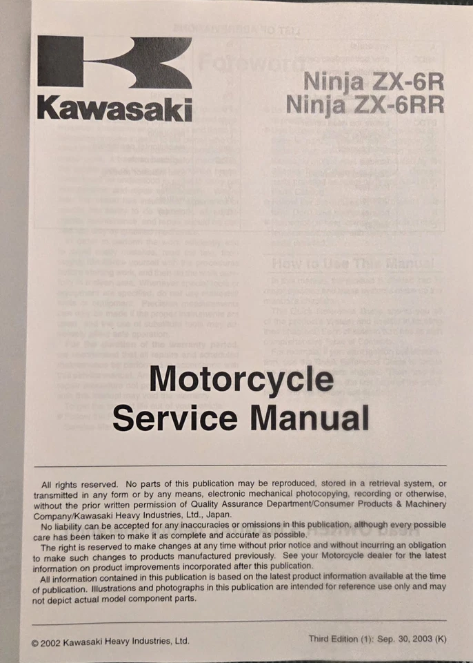 Manual de reparación de servicio OEM Kawasaki Ninja ZX6R ZR6RR 2003 2004 P/N 99924-1311-03 Foto 3 de 4