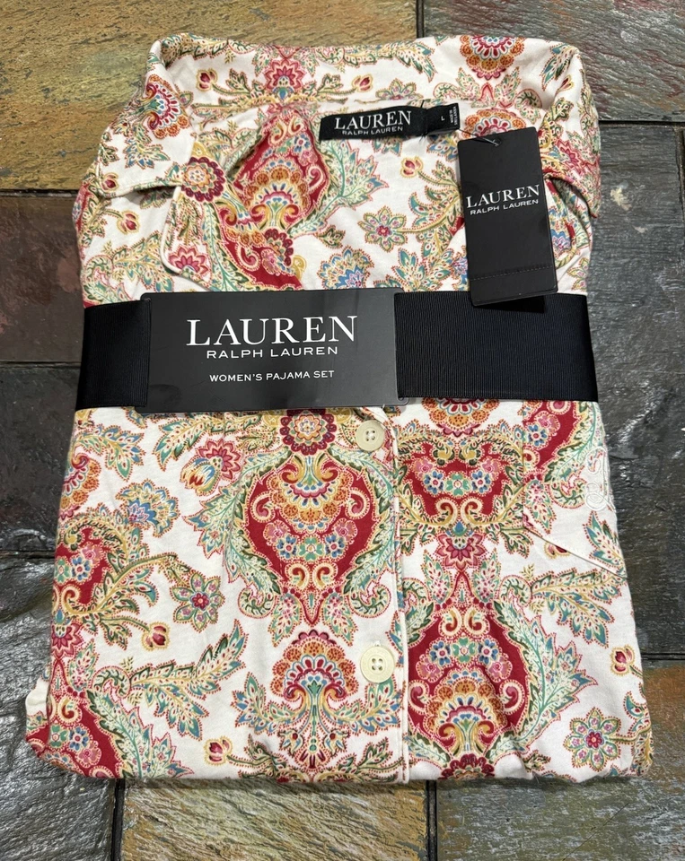 Ralph Lauren Para Mujer Paisley Mezcla de Algodón Ropa de Salón Lujo Acogedor Pijama Conjunto Talla L Foto 4 de 4