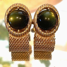 VTG Swank Gold Mesh Wrap Around Green Moonglow Cabochon Cufflinks