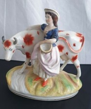 Antique Victorian Staffordshire Figures Of A Milk Maid And Her Cow 19thC