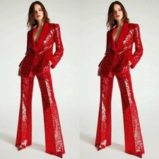 Red Sequined Women's Suits 2Pcs Slim Fit Prom Party Ladies Outfit Dinner Coat