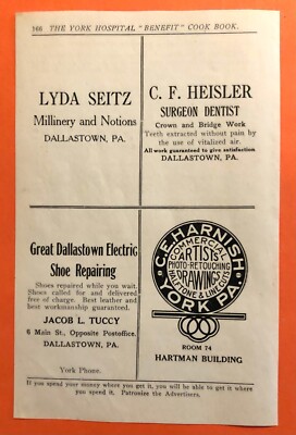 LYDA SEITZ C F HEISLER SHOE REPAIR C E HARNISH 1912 AD YORK HOSPITAL COOKBOOK