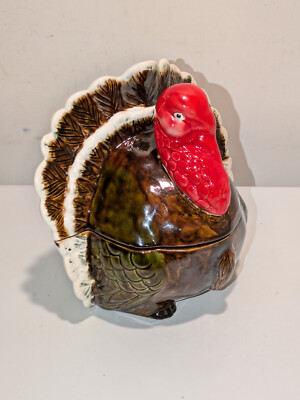 SL Clutter Turkey Shaped Gravy Bowl Boat w/Lid & Ladle Hand Painted 1965 Xmas TG