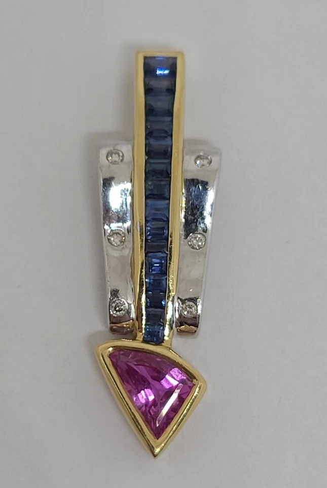 LeVian 18K White & Yellow Gold Natural Blue/Pink Sapphire, Diamond Arrow Pendant - Image 2 of 4