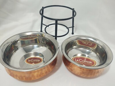 2 Bowls w/ Stand La Coppera Tableware Collection Double Wall Hammered Copper