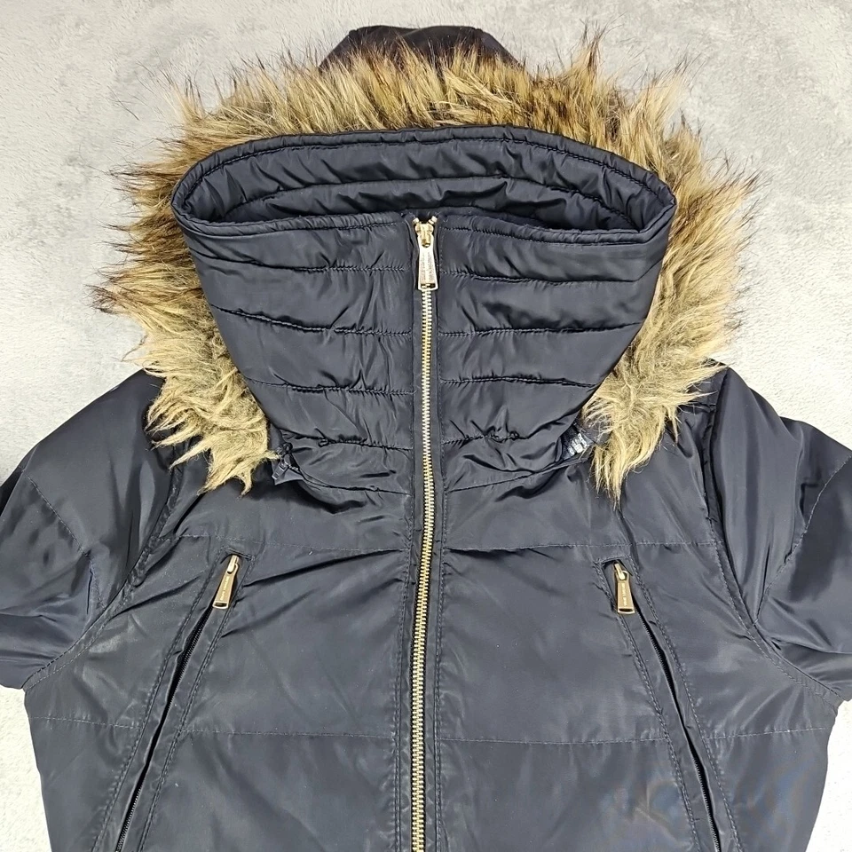 MICHAEL KORS женщина искусственного меха отделки капюшон вниз пуховик подпоясанный пальто парка Sz S Dk синий - Изображение 4 из 4