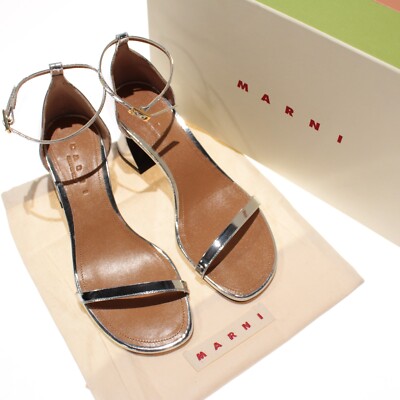 Marni NWD Block Heeled Strappy Open-Toe Sandals Size 37 US 7 in Silver