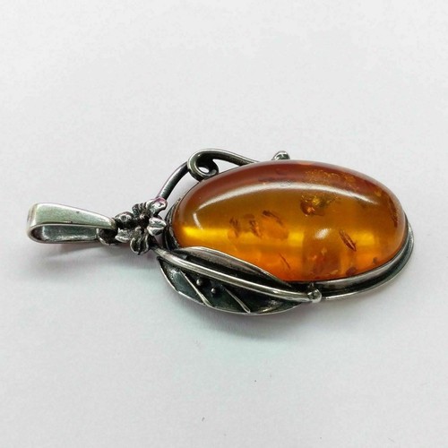 Genuine AMBER Stone Silver Pendant Sphere Shape Medallion Vintage Baltic Jewelry - Picture 6 of 11