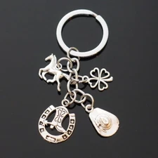Cowboy Hat Boots Horseshoe Horse Lucky Four Leaf Clover Silver 4-Charms Keychain