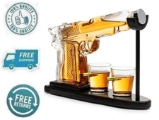 New Whiskey Decanter Clear Glass Drinking Cup Glasses Pistol Gun Dispenser Set