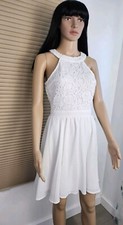 NWT Lulus Size S High Neck Fit Flare Mini Lace Dress White