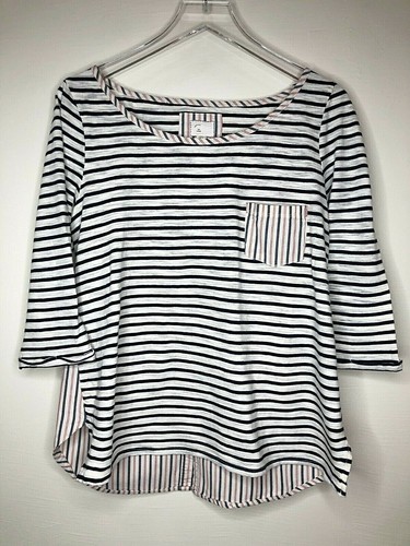 Postage Stamp Anthropologie Size Large Navy Ivory Striped Knit Top Button Back