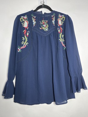 Indigo Thread Co. Embroidered Navy Blouse Sz Small Floral Boho Peasant Flowy