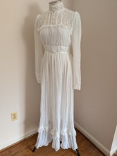 Gunne Sax Wedding Dress 9 White Gauze Prairie High Neck Lace Cottage Wounded