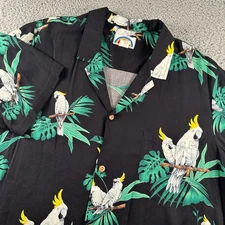 Paradise Found Hawaiian Shirt Mens XL Black Cockatoo Tropical Short Sleeve