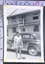 Shirtless Man Barracks Automobile Auto Car Military BW Photo Snapshot