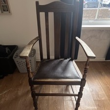 Antique Dark Wood Armchair, High Back With Arms, Brown Upholstered Seat 46-65cm