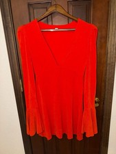 Free People Talk About It - Coral Red Long Sleeve Dress - ,