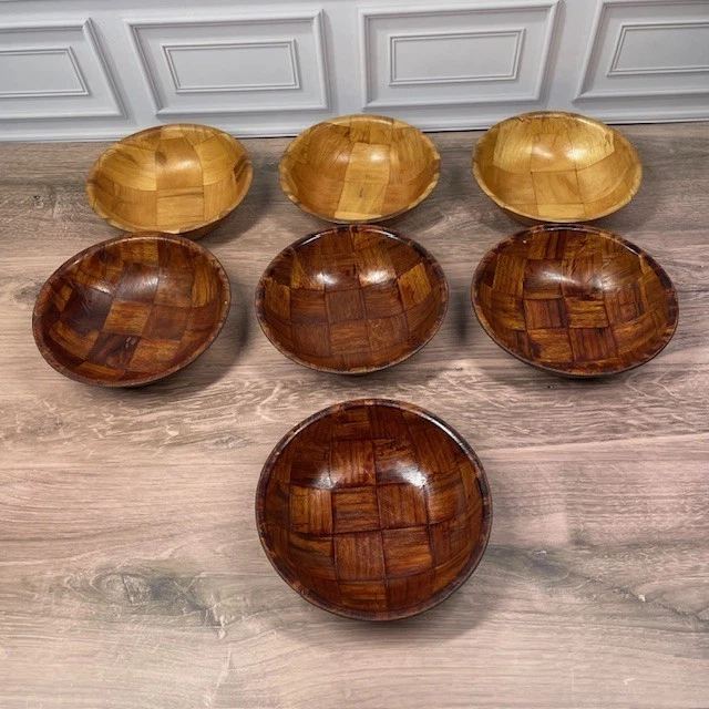 Vintage 70's Wooden Woven Patchwork Bamboo Salad Bowl Set of  8 Boho Mid Century - Image 4 of 4