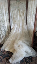 Vintage 1950's Wedding Gown Marie Of Pandora Lace over Satin with Train