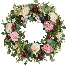 WANNA-CUL 24" Spring Rose Wreath with Pink & Wine Red Flowers, #R035