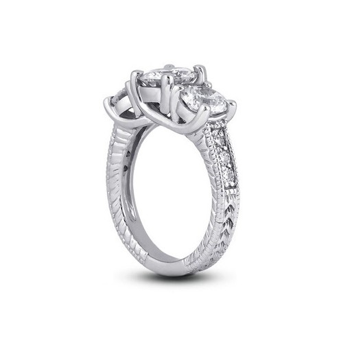 3 1/2ct D SI2 Round Natural Diamonds 18kw Gold Vintage Style Three-Stone Ring - Picture 2 of 24
