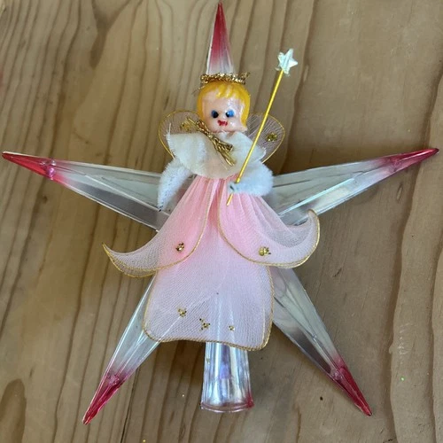Vintage MCM Jewel Brite Gold Star PINK Angel Tree Topper🩷