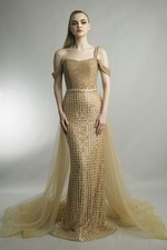Off Shoulder cuff sleeve beaded sequin gown