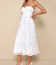 Lulus Quite Perfect White Floral Embroidered Strapless Midi Dress Sz Small NEW