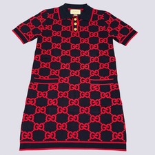 Gucci GG Monogram Jumbo Cotton Wool Silk Blend Polo Dress Red Size M US 6