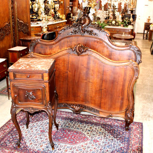 French Antique Solid Walnut Louis XV Full Size Bed & Nightstand | Bedroom Set