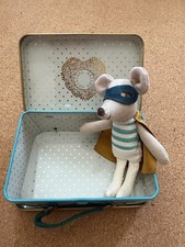 Maileg Super Hero Mouse Little Brother in Tin Suitcase Retired 4" Plush Toy