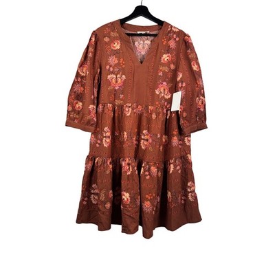 Fig Flower Tiered Dress sz L Rust Brown Floral Boho lagen look cottage core