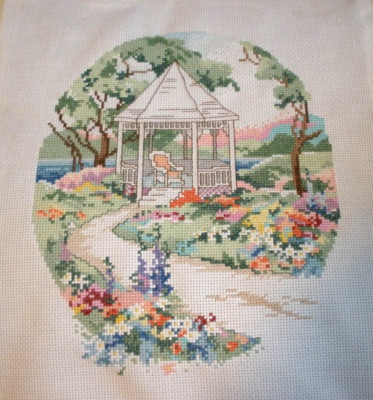 Finished Cross Stitch Piece Gazebo Scene 11'' x 13''