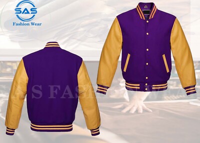 Men s Baseball School College Bomber Varsity Jacket Purple & Gold Genuine Leathe