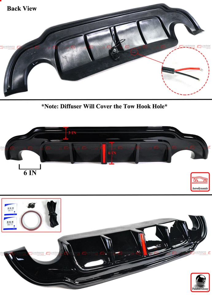 FOR 2014-17 INFINITI Q50 GLOSSY BLACK REAR BUMPER DIFFUSER W/ V2 LED BRAKE LIGHT - Image 3 of 4