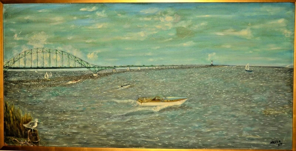 MELLEN Оригинальный Винтажный Подписанный Маяк Лонг-Айленд Лодка Морской пейзаж Картина маслом - Изображение 3 из 4