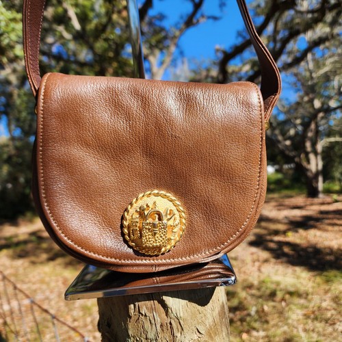 Vintage Kleinberg Sherrill Crossbody Brown Gold Leather Purse Bag 80's