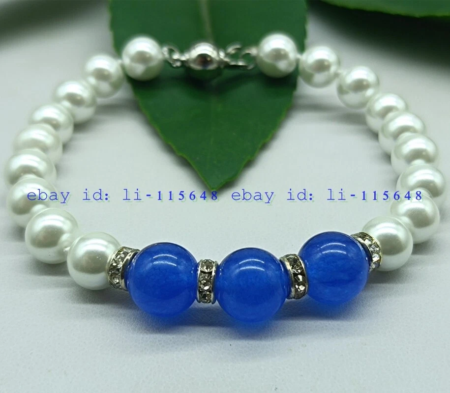 Brazalete de cuentas de gemas redondas de piedras preciosas surtidas de 8 mm con caparazón blanco y 10 mm 7,5" Foto 2 de 4