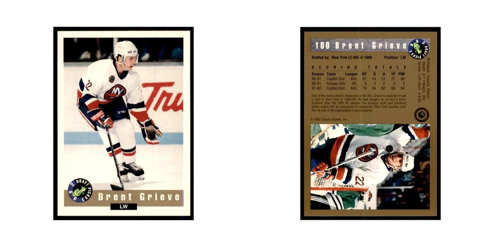 1992 Classic Draft Picks Brent Grieve Hockey Cards #100 - Image 3 of 3