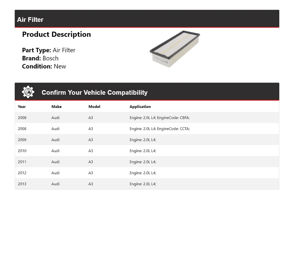 Воздушный фильтр для 2008-2013 Audi A3 2,0 л L4 Bosch 2009 2010 2011 2012 годов выпуска - Изображение 2 из 3