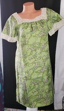Vintage 60's MCM Floral Green Sweet Homemade Silky Lacy Dress Nighty Sz M