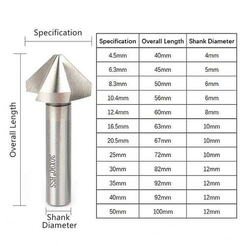 4.5-50mmm 3 Flute Countersink Drill Bit Round Handle 90 degree Chamfer Cutter - Picture 1 of 12