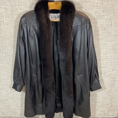 Vtg Evans Furs Lambskin Leather Jacket Black FOX Fur Collar Womens Fits S-M-L-XL
