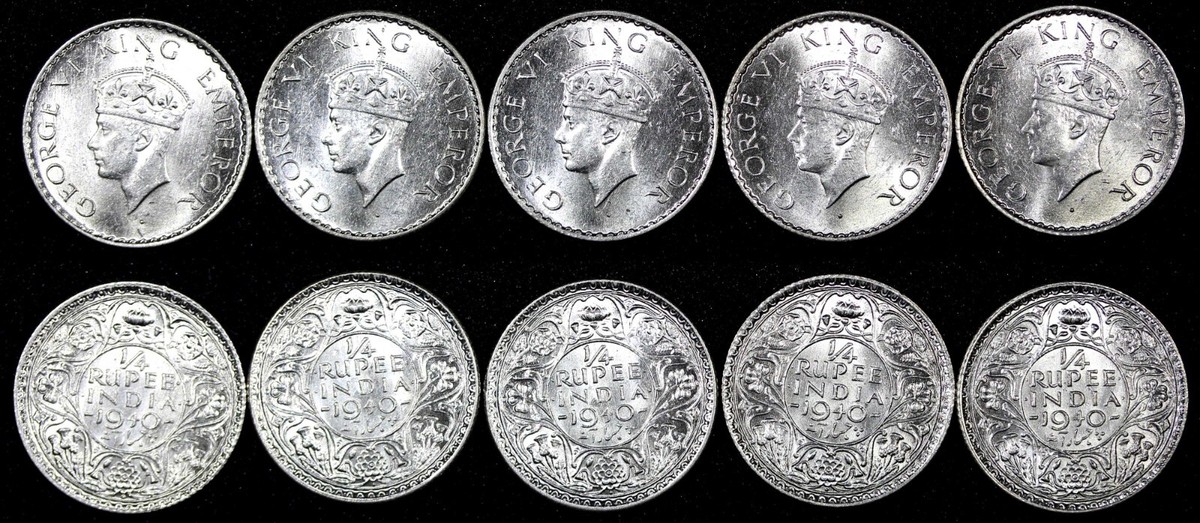 India-British George VI Silver 1940 1/4 Rupee aUNC/UNC RANDOM PICK