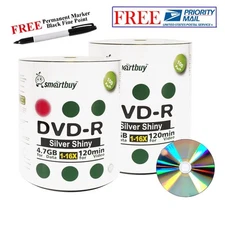 200 Smartbuy DVD-R 16X 4.7GB Shiny Silver Blank Disc + Black Permanent Marker
