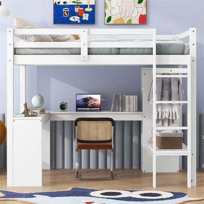 Loft Bed with L-shaped Desk, Wardrobe and Storage Shelves, White/Gray