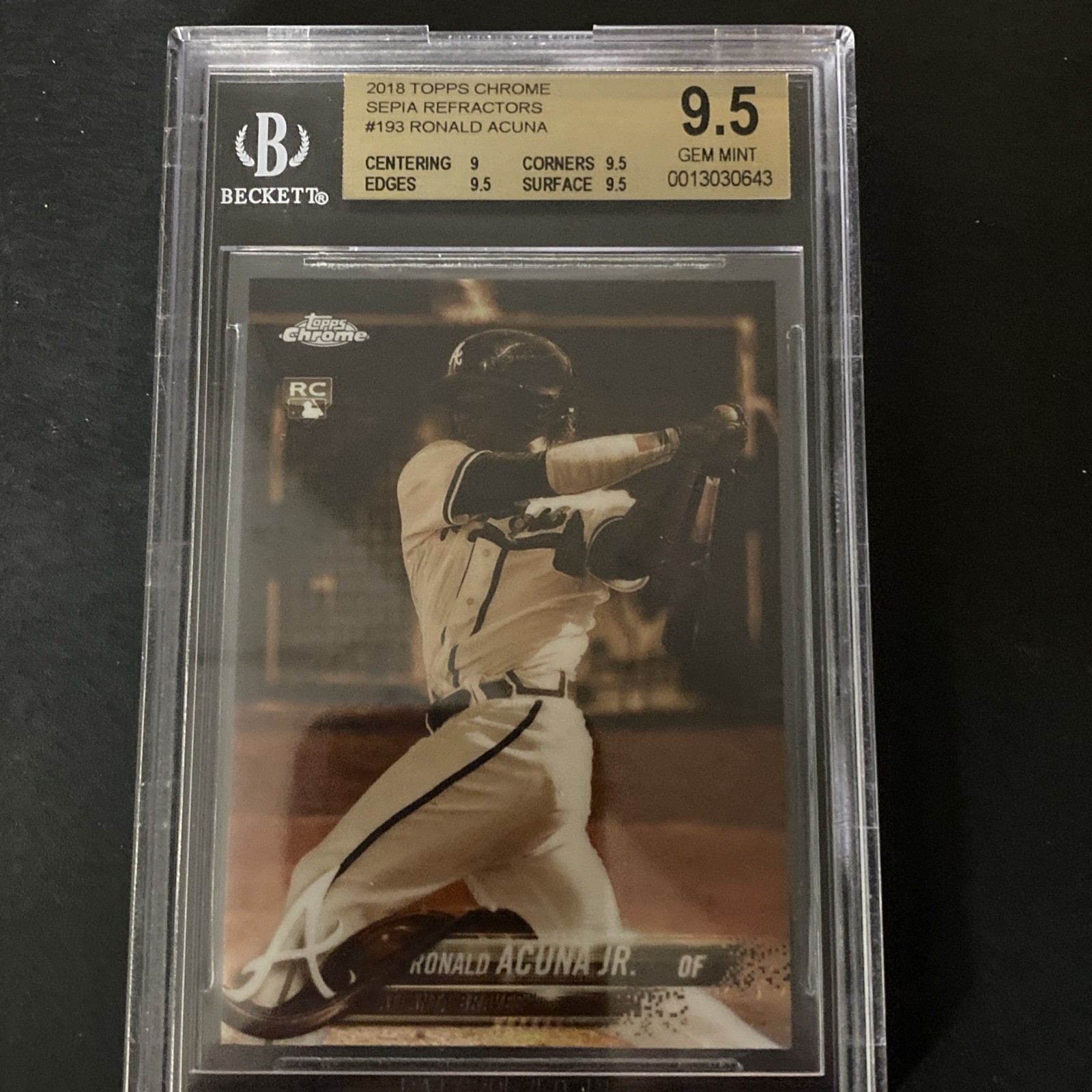 2018 Topps Chrome #193 RONALD ACUNA JR. SEPIA REFRACTOR RC -Beckett 9.5