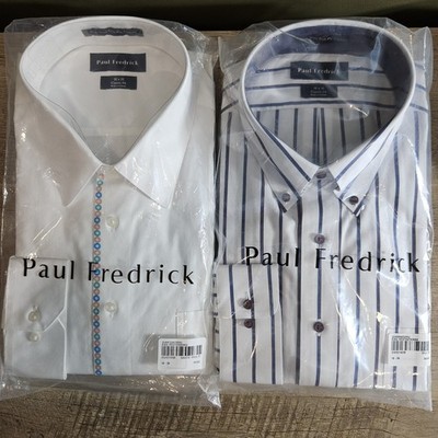 New lot 2 Paul Frederick Mens 18 x 38 White Solid Strip Long Sleeve Dress Shirts