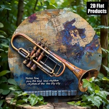 Vintage Abstract Trumpet Wall Art on City Map Background Round Metal
